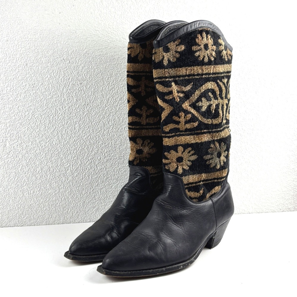 Seychelles Vintage Tapestry Western Boots Women 7 Black Tan Woven Leather Retro